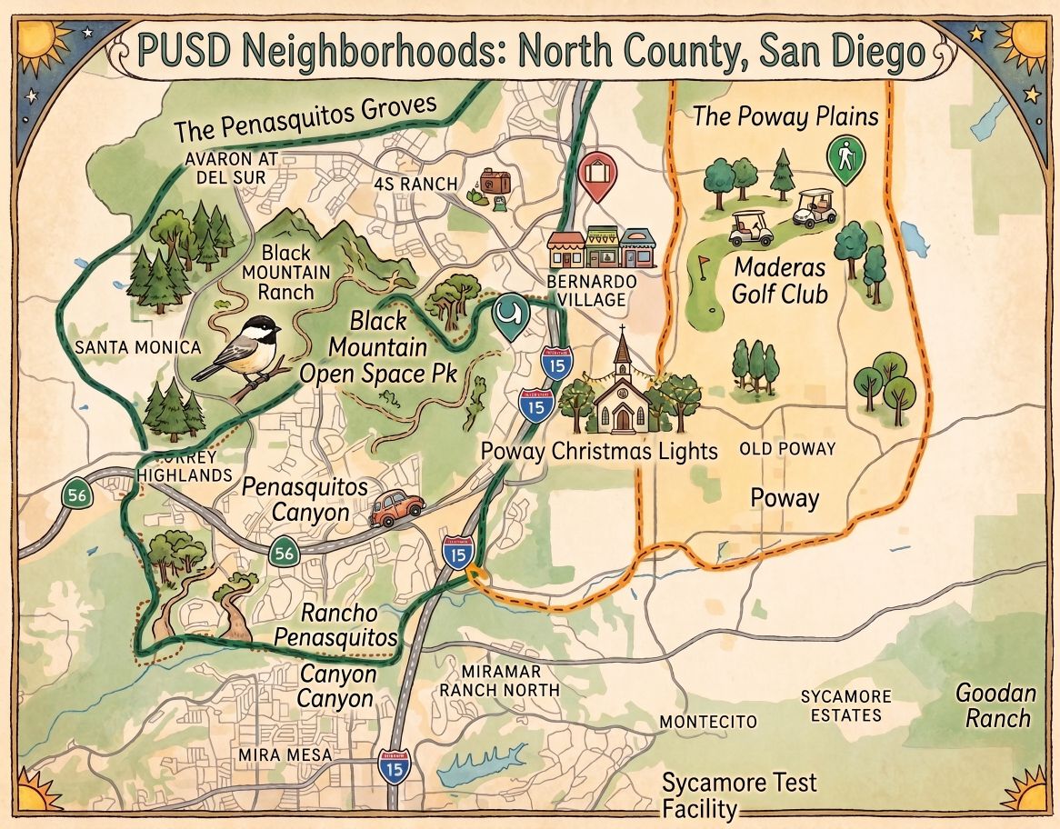 Rough map of the zip codes that make up Poway Unified SChool District